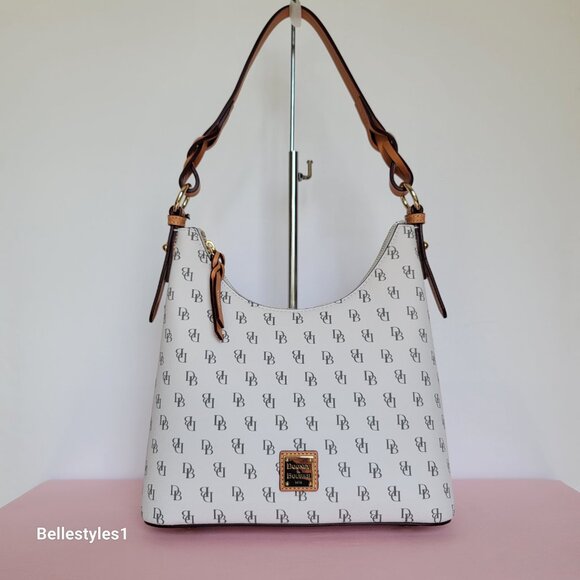DOONEY & BOURKE Bryce Signature Logo Print Coated Fabric Hobo Bag- Bone color⭐ - Picture 6 of 16